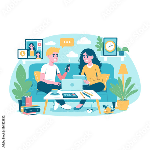 Couple working remotely and collaborating online in their home office