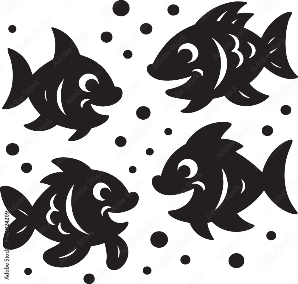 Fototapeta premium Four Black Fish Silhouettes Swimming Among Bubbles
