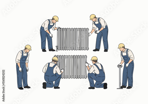 Illustrated Radiator Installation Process by Plumber with Uniform and Tool for Home Repairing