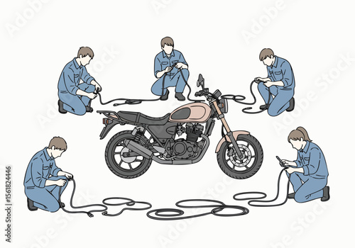 Flat Illustration of Motorcycle Repair Service with Mechanic Worker Character