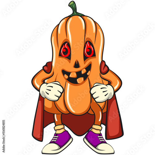 superhero funny halloween pumpkin mascot, vector cartoon illustration isolated on transparent background, work of hand drawn