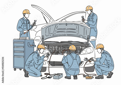 Flat Illustration of Mechanics Repairing Car Engine with Tools at Workshop