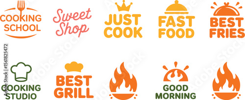Cooking school logo design vector set, restaurant logo, fast food, sweet shop, grill, fries, cook logo set