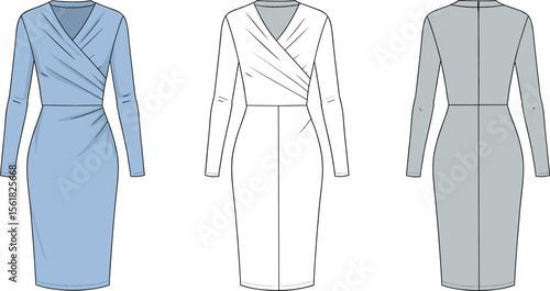 Technical fashion flat of wrap pencil dress with long sleeves, bodycon silhouette, vector garment sketch for clothing design template flat vector illustration