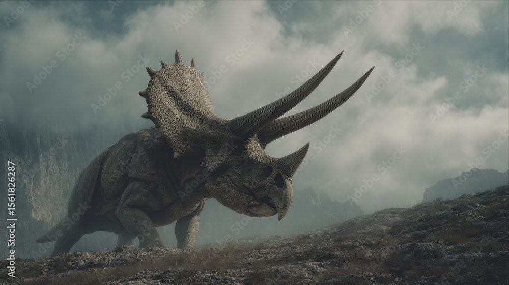 Fototapeta premium Majestic Triceratops Roaming Through a Misty Prehistoric Landscape Depiction