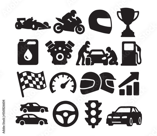 Motorsports Silhouette Icon Set. Racing, Vehicles, Pit Stop, Trophy, Speed Symbols and more.