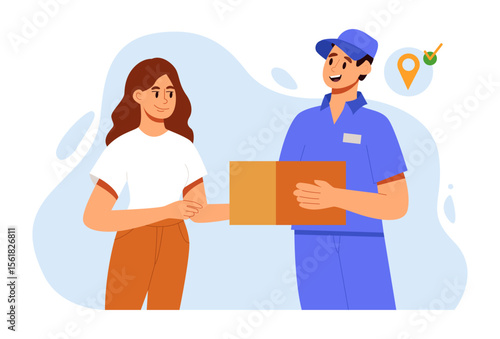 Delivery Service Concept. Fast Delivery Man Give Package to Customer Door. Vector Illustration in Flat Style.