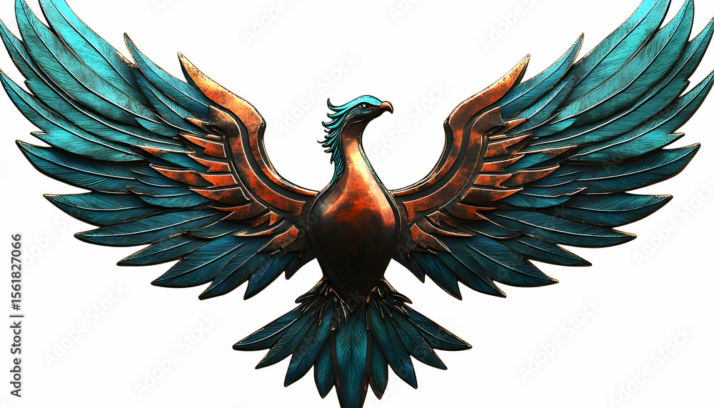 Fototapeta premium Bird emblem, wings spread wide, teal and copper, digital rendering on white, facing forward