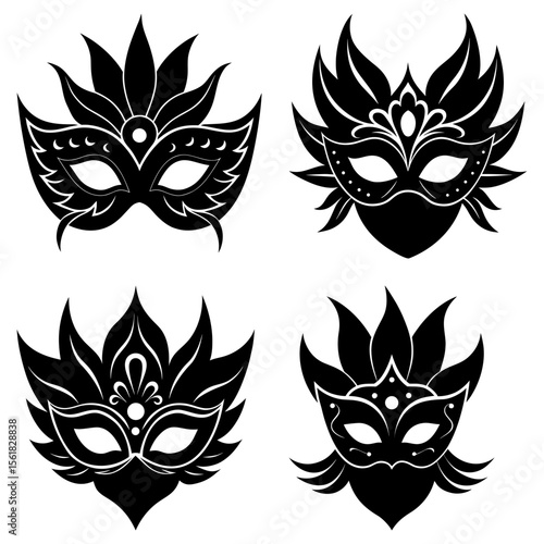 Four decorative black venetian carnival masks with floral and ornamental designs in a vector illustration