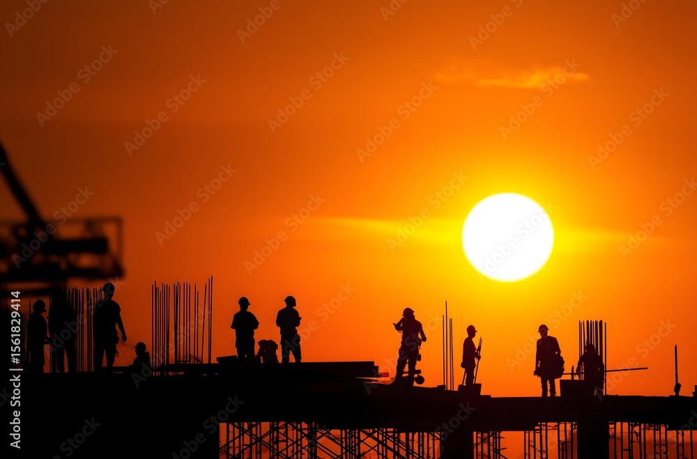 Fototapeta premium Silhouette of a construction site worker at sunset