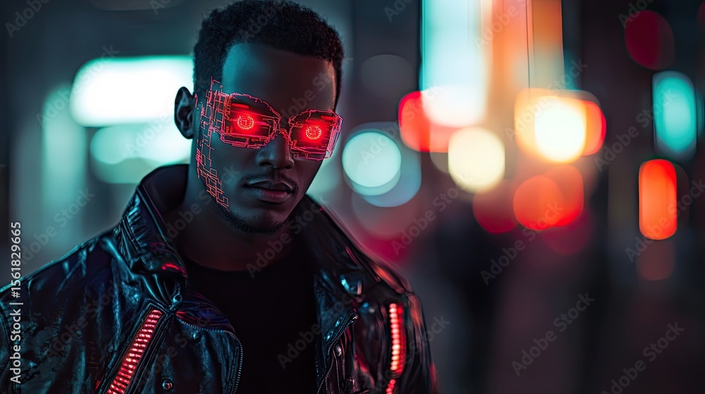 Stylish cyberpunk man with glowing futuristic glasses Stylish cyberpunk man with glowing futuristic glasses