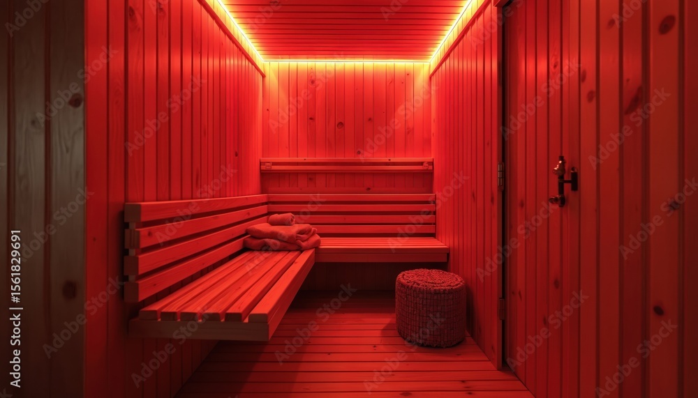 Fototapeta premium Modern infrared sauna with red LED lighting in wooden room. Offers health wellness relaxation therapy heat spa cabin interior design for luxury comfort well-being. Provides detox body temperature
