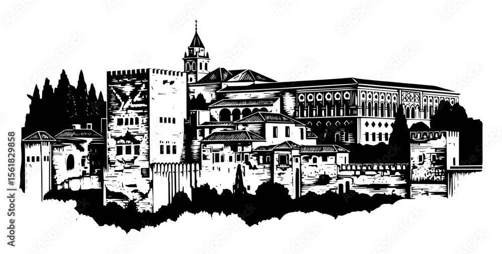 Fototapeta premium Alhambra Palace and Generalife Gardens in Granada – Historic Spain Vector Panorama Illustration