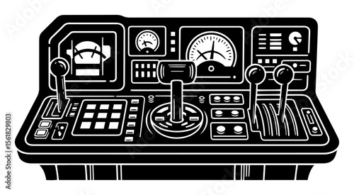 Detailed spaceship cockpit control panel with levers, gauges and tactile buttons, robust sci-fi interface in black-and-white vector