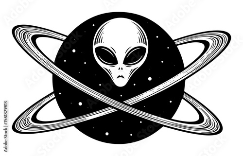 Extraterrestrial head emerging from dark planet encircled by twin orbital rings, minimalist space emblem in black-and-white vector