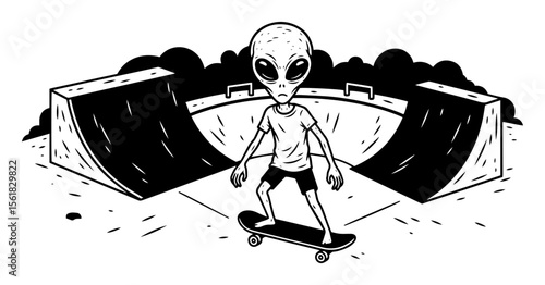 Playful alien kid shredding skateboard half-pipe ramp, fun sci-fi street-sport black-and-white vector cartoon