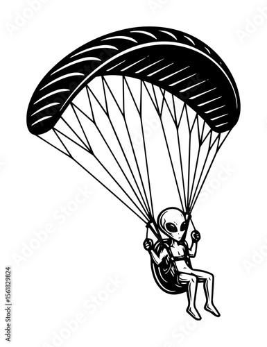 Vector alien parachuting black and white illustration