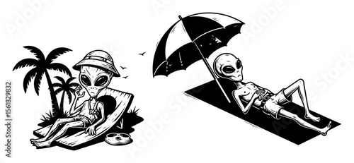 Cartoon aliens on vacation vintage style vector