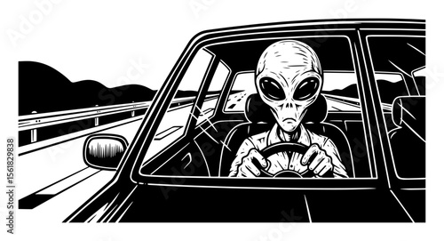 Alien Behind the Wheel Cruising Empty Freeway at Dusk – Retro Comic-Style Vector Art Print