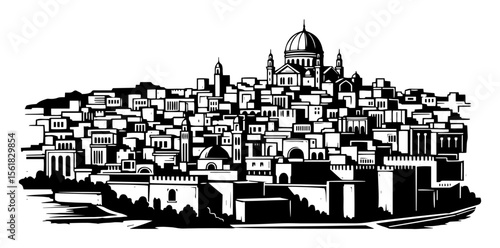 Vector cityscape with dome in black and white style