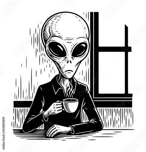 Moody black-and-white vector of an alien nursing a steaming mug beside a window