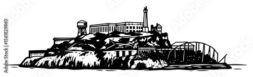 Legendary Bay Fortress with Guard Tower on Rugged Rock – Detailed Black & White Vector Art