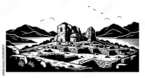 Isolated stone monastery ruins atop rocky plateau with distant mountains and migrating birds, atmospheric historic landscape in black-and-white vector