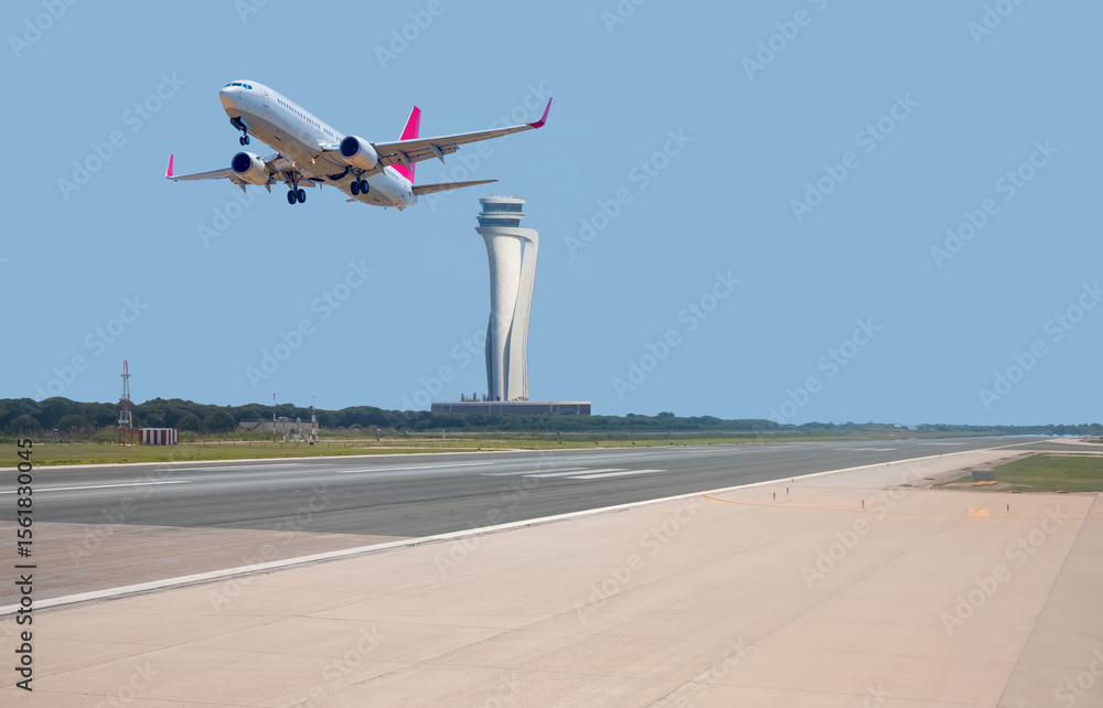 Obraz premium White Passenger plane fly up over take-off runway from airport - istanbul Airport, istanbul
