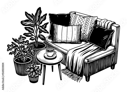 Cozy armchair with pillows and throw, potted houseplants and coffee table create relaxing indoor nook, detailed black-and-white vector