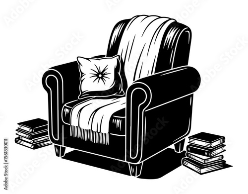 Cozy armchair with throw blanket, cushion and stacked books beside, inviting reading nook in stylish black-and-white vector illustration