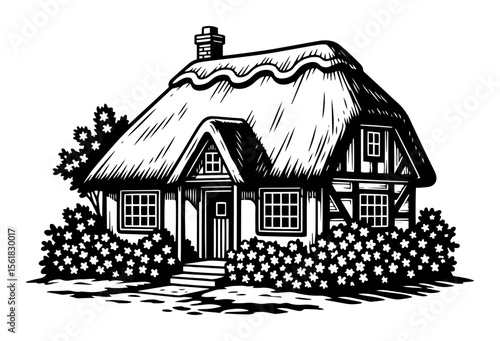 Charming thatched-roof cottage surrounded by blooming shrubs, idyllic English countryside home in black-and-white vector illustration