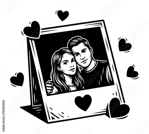 Polaroid selfie photo of smiling couple surrounded by scattered hearts, nostalgic keepsake rendered in black-and-white vector