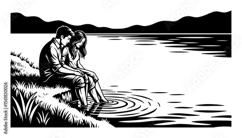 Romantic couple sitting on grassy bank dipping toes into tranquil lake at twilight, peaceful countryside love scene in black-and-white vector