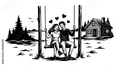 Romantic couple sitting together on rustic wooden swing near forest cabin, floating hearts, serene countryside love black-and-white vector