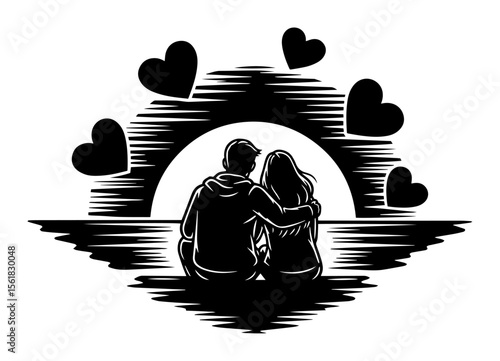 Lovers sitting arm-in-arm at sunset lake beneath arch of floating hearts, serene twilight romance black-and-white vector