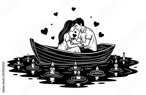 Lovers embracing in rowboat surrounded by floating candle lanterns on calm lake, dreamy night romance rendered in black-and-white vector