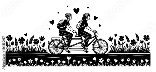 Happy couple riding tandem bicycle through blooming flower meadow, springtime love scene in crisp black-and-white vector