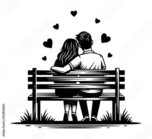 Couple cuddling on park bench under evening sky with floating hearts, peaceful romance captured in black-and-white vector