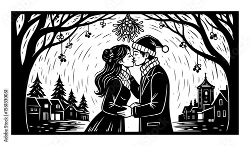 Lovers sharing tender kiss beneath mistletoe arch in snowy village square, festive holiday romance black-and-white vector illustration