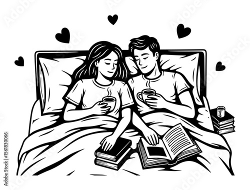 Cozy couple reading books and sipping coffee in bed with heart symbols overhead, intimate morning scene in black-and-white vector