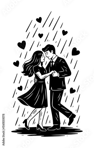 Romantic couple slow-dancing close together under falling rain and floating hearts, passionate moment rendered in black-and-white vector