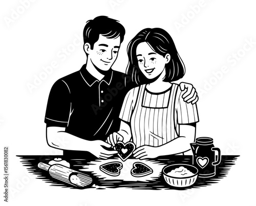 Smiling couple baking heart-shaped cookies together in cozy kitchen, sweet domestic moment rendered as black-and-white vector