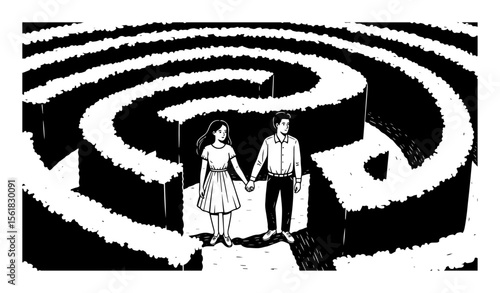 Pair holding hands while navigating large hedge maze, symbolic journey of love rendered in crisp black-and-white vector style
