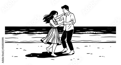 Young couple dancing barefoot on sunny beach shoreline with gentle waves, carefree summer romance in black-and-white vector