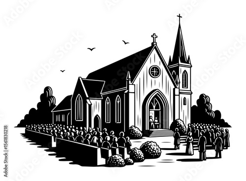 Gothic village church with large crowd of parishioners gathering outside after Sunday service, detailed black-and-white vector illustration