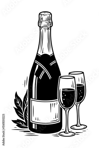 Elegant champagne bottle with two wine flutes and laurel leaves, celebratory toast black-and-white vector illustration