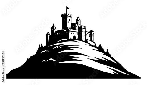 Majestic hilltop castle silhouette with fluttering banners on steep slope, minimalist medieval landmark in black-and-white vector