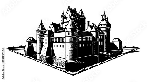 Elaborate isometric medieval fortress complex with multiple towers, turrets and stone walls, detailed black-and-white vector illustration