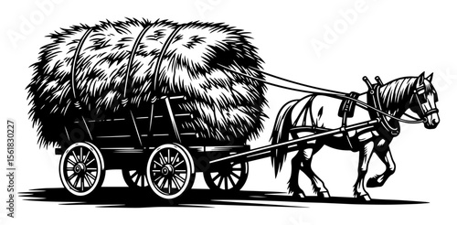 Vintage horse-drawn wagon piled high with hay bales, classic rural farming transport rendered in black-and-white vector