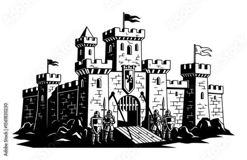 Grand stone fortress with flying banners and armored guards at gate, heroic medieval stronghold depicted in black-and-white vector